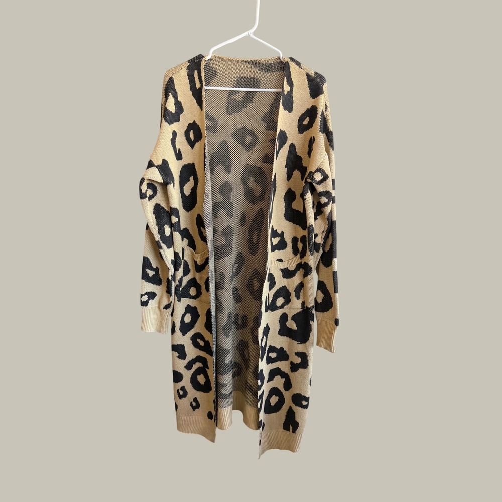 Vestidos Leopard Print Longline Cardigan Sweater Tan Black Large Oversized